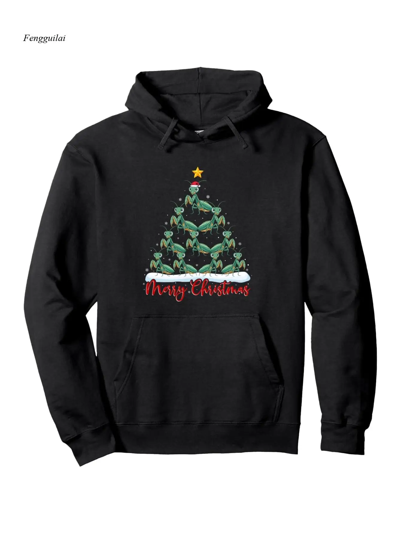 Ugly Christmas Tree & Santa Hat Hooded Pullover Hoodie - Funny Xmas Party Outfit, Black Winter Sweater