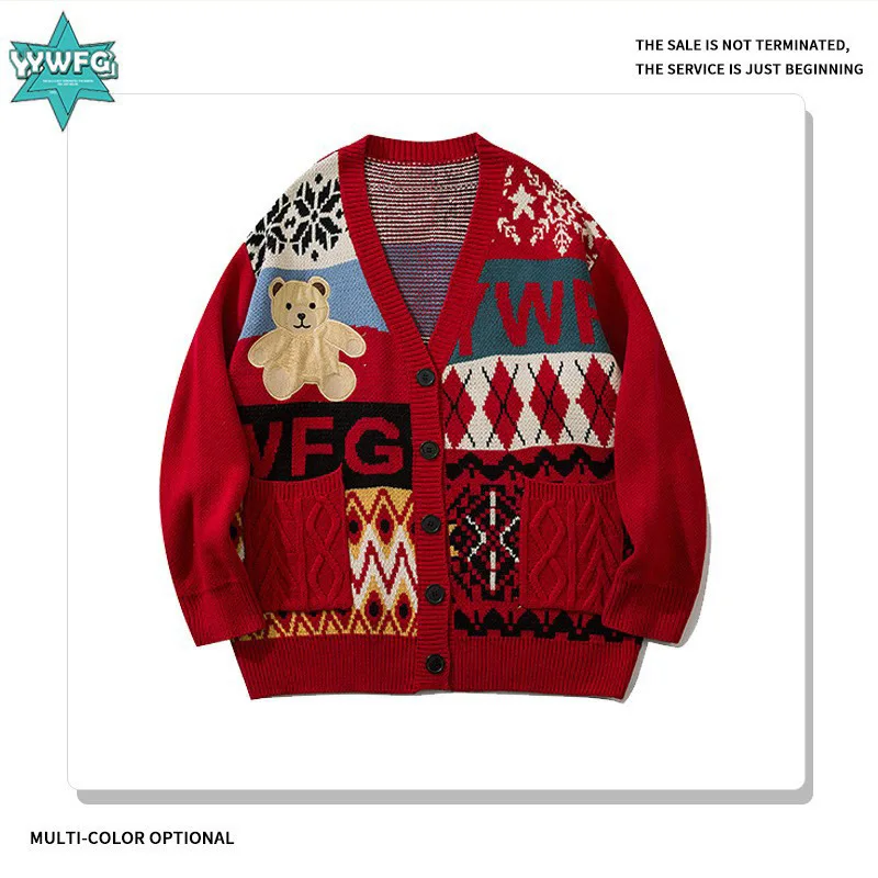 

Loose American Cartoon Letter Winter Long Sve Knitted Sweater Cardigan for Men YWFG Xing Temu Youth Faion Autumn Wear