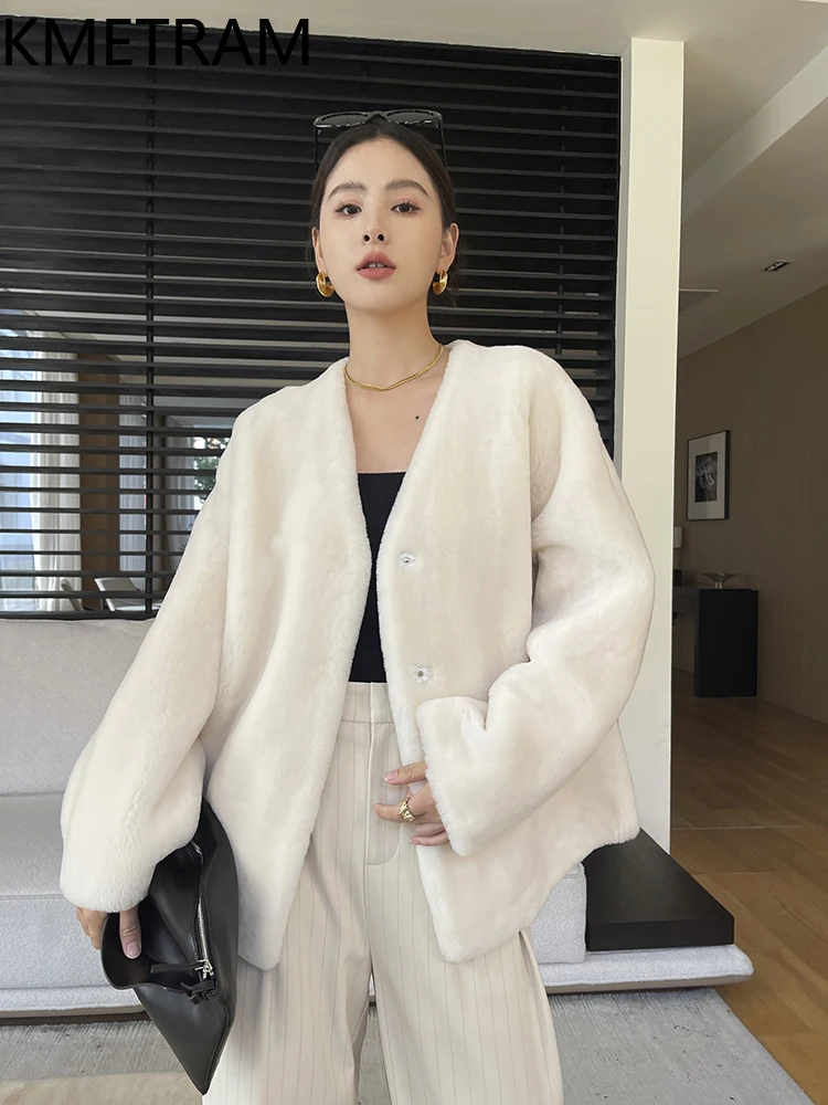 Kurtka damska z prawdziwego futra z wełny merino, dwustronna, krótki płaszcz z futra z dekoltem w serek, odzież zimowa damska 2025 Fourrure