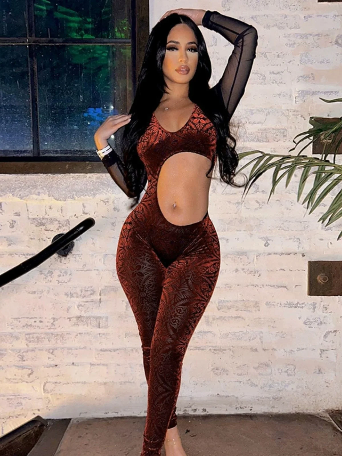 

Faionable Slim Fit Hollow out Jumpsuit High Waist Long Pants Women's Polyester Jumpsuit Me Detail Autumn Collection