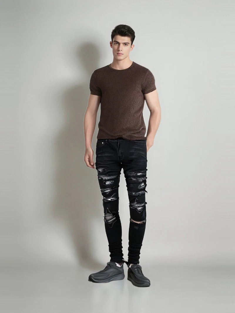 Men's Youth Stretch Black Distressed Hole Jeans Collage Cracked Skinny Ripped Pants Streetwear Designer Slim Pencil Denim Pants