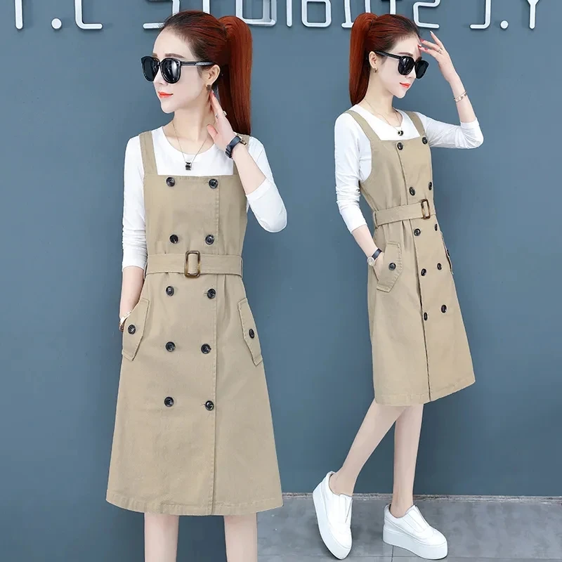 Spring Autumn Women's Strap Dress Set Fashion Long Sleeve T-shirt + Strap Double Breasted Cotton Dress 2 Pieces Set Mjuer 1168