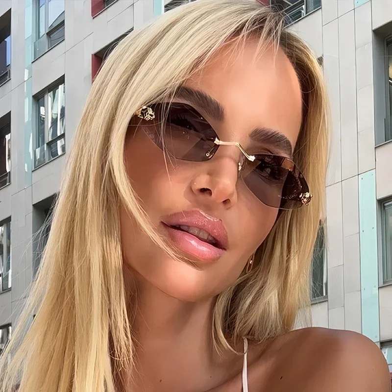 

High Quality Trendy Rimless Polygonal Sunglasses Stylish Gradient Lens Metal Shades Eyewear Luxury Rhombus Vintage Sun Glasses