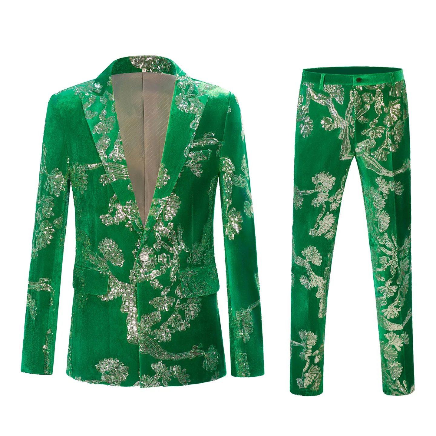 

Men's Suits 2 Pieces Green Velvet Sequins Slim Blazer Pants Set Luxury Prom Banquet Tuxedo Singer Host Stage Performance Suit