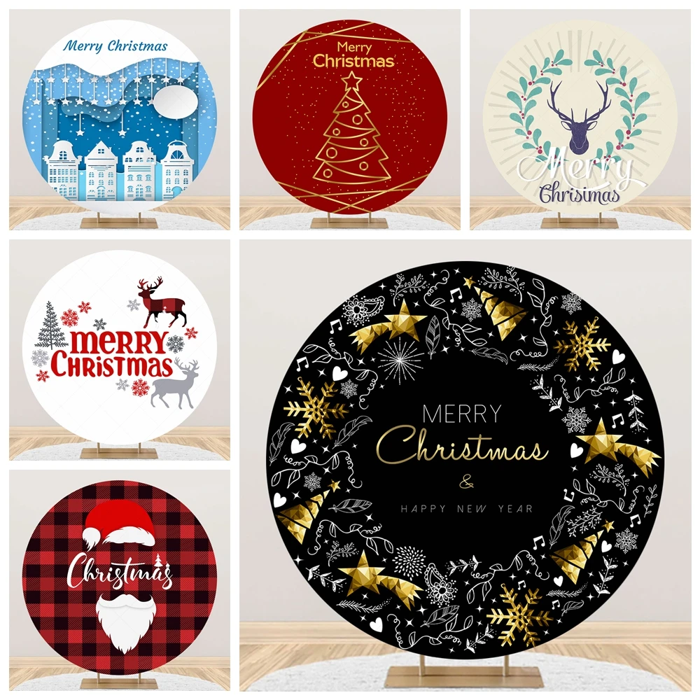 Round Christmas Backdrop Custom Xmas Tree Elk Santa Claus Gift Family Party Decoration Black Red Circle Photography Backgrounds