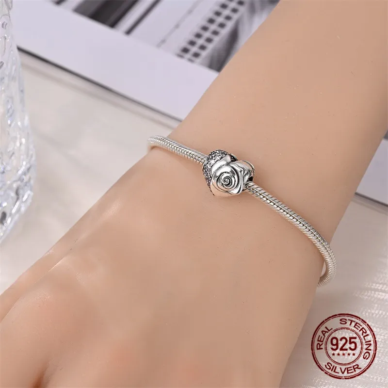 طقم خرز على شكل بتلة على شكل قلب من الفضة الإسترليني عيار 925 مع زركون مع سوار أصلي هدية مجوهرات نسائية ذاتية الصنع