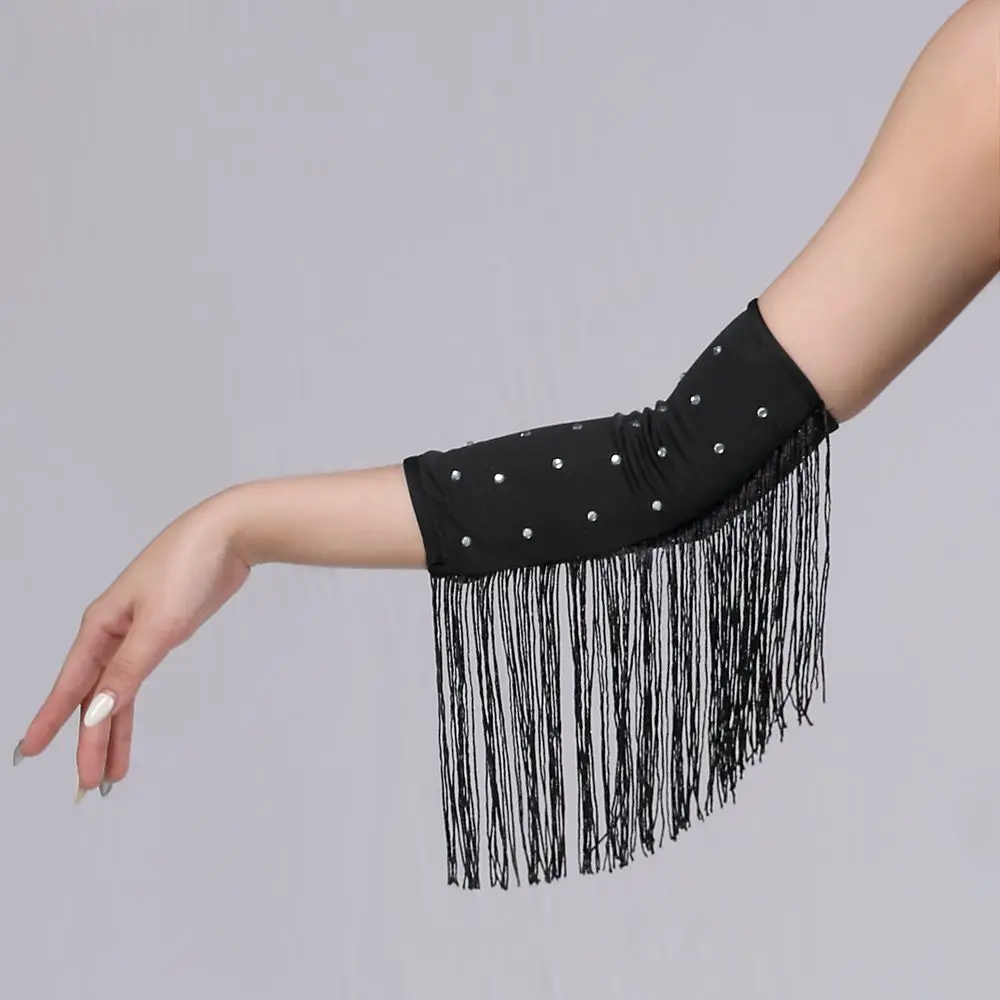 Performance Stage Latin Dance Fringed Sleeves Flash Solid Color Fringe Tassel Gloves Latin Dance Costumes Drilling Rhinestone