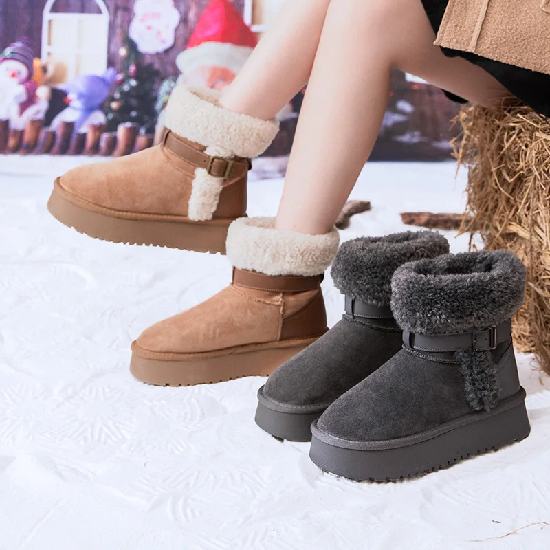

Winter New Short Suede Snow Boots with Buckle Thick Sole Warm Fashion Unisex