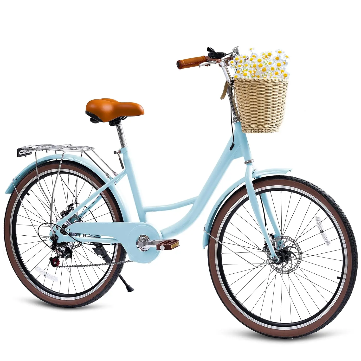 Beach Cruiser Bike for Women, 24 26 inch 7 Speed Commute Bike for Adults, Womens Bicycle with Ratten Basket and Adjustable Seat,