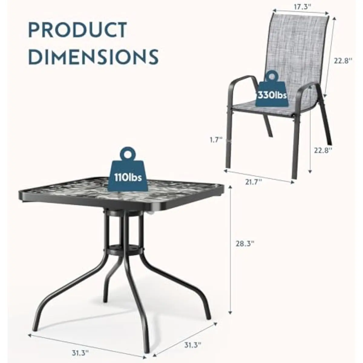5 Piece Patio Dining Set with Umbrella Hole Glass Table, Stackable Textilene Outdoor Chairs for Garden Poolside Backyard