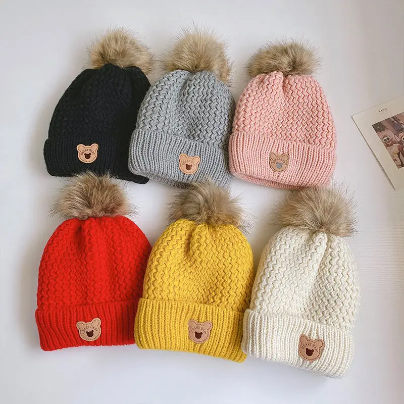 Plush Lining Baby Winter Hat Pompom Kids Beanie Scarf Fur Ball Bear Children Cap for Girls Boys Hats Thicken Infant Accessories