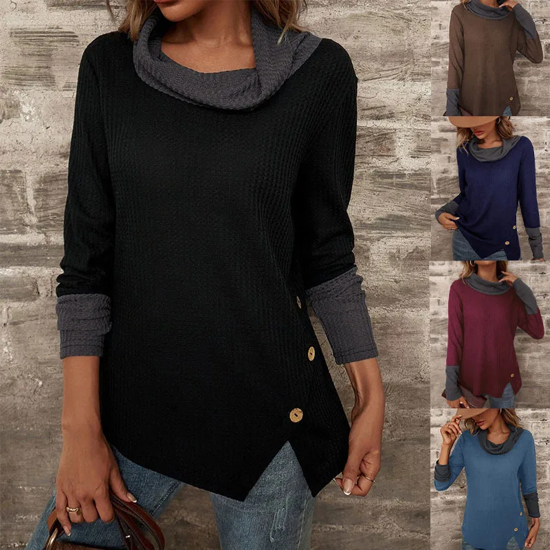 2024 Fashion Autumn Winter New Waffle Long Sleeve T-shirt Half High Neck Button Decoration Solid Color Splice Pullover