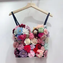 Chic 3D Flowers Camisoles High Waist Floral Vest Camis Elastic Wrapped Chest Underneath Corset Dance Performance Tank Tops