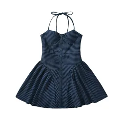 European And American Style Winter New Women's Clothing French Retro Pure Desire Style Slim Irregular Striped Halter Neck Dress