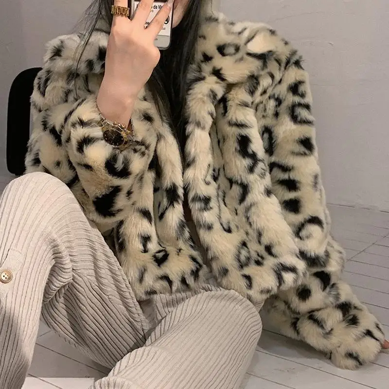 Leopard Jackets Women Coats Fluffy Velvet Vintage Thick Autumn Winter Chic Long Sleeve Ulzzang Harajuku Loose Streetwear Female