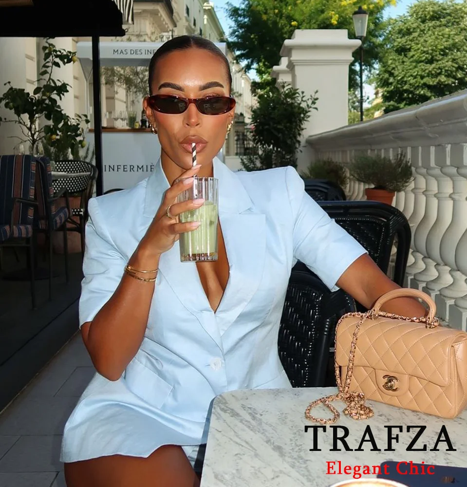 TRAFZA Office Lady Casual Short-Sleeves Blazer Set Women\'s Lapel Blazer and Shorts Set New 2024 Summer Solid Blazer Suit