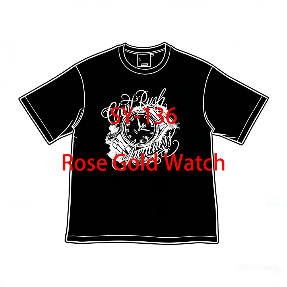 SY-136 Unisex Cotton Short Sleeve Tee Jogger T-shirt Summer Tracksuit Top Jersey Rose Gold Watch Printed T-shirt