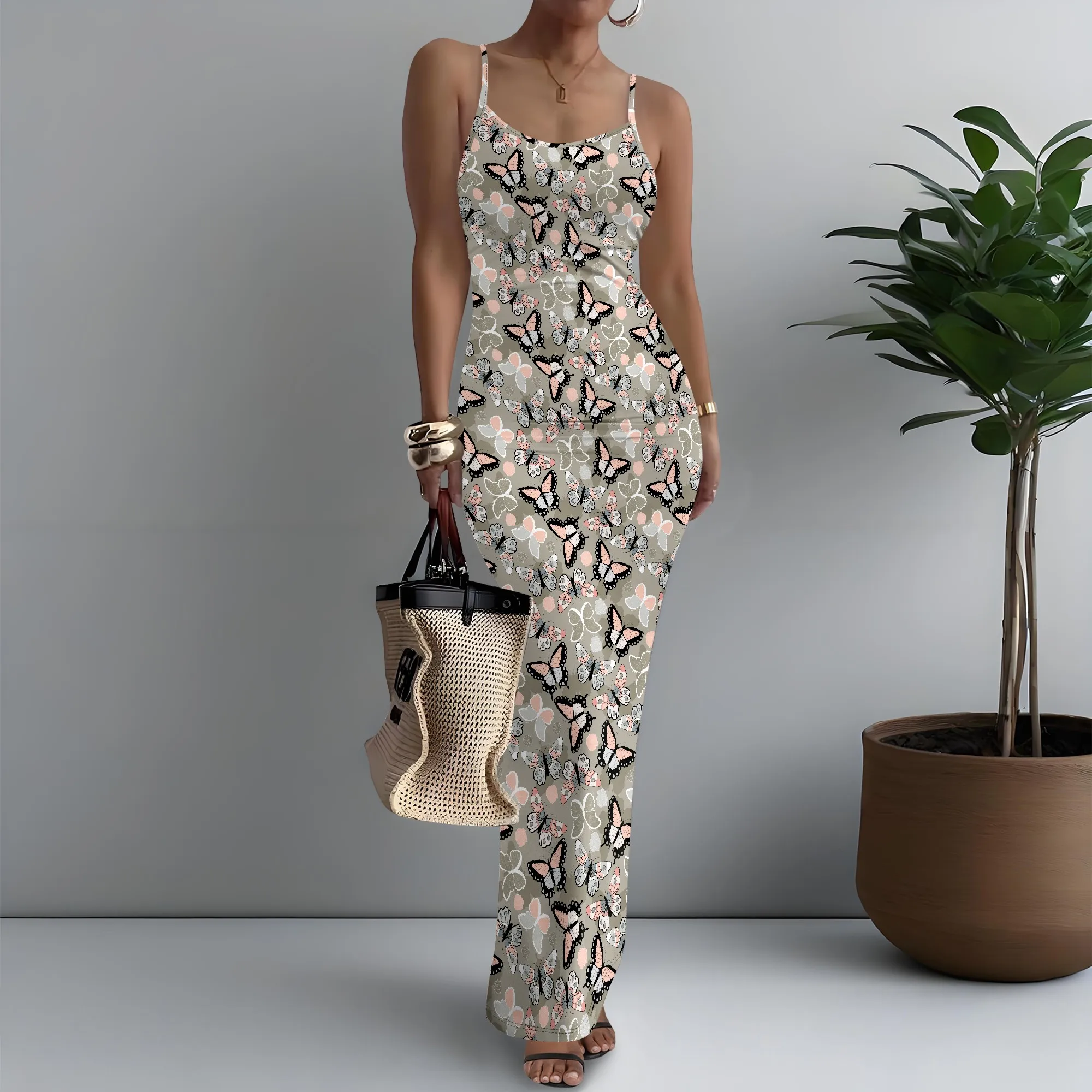 

Women's Spaghetti Strap Maxi Dress Girly Butterfly Print Adorable XS-3XL