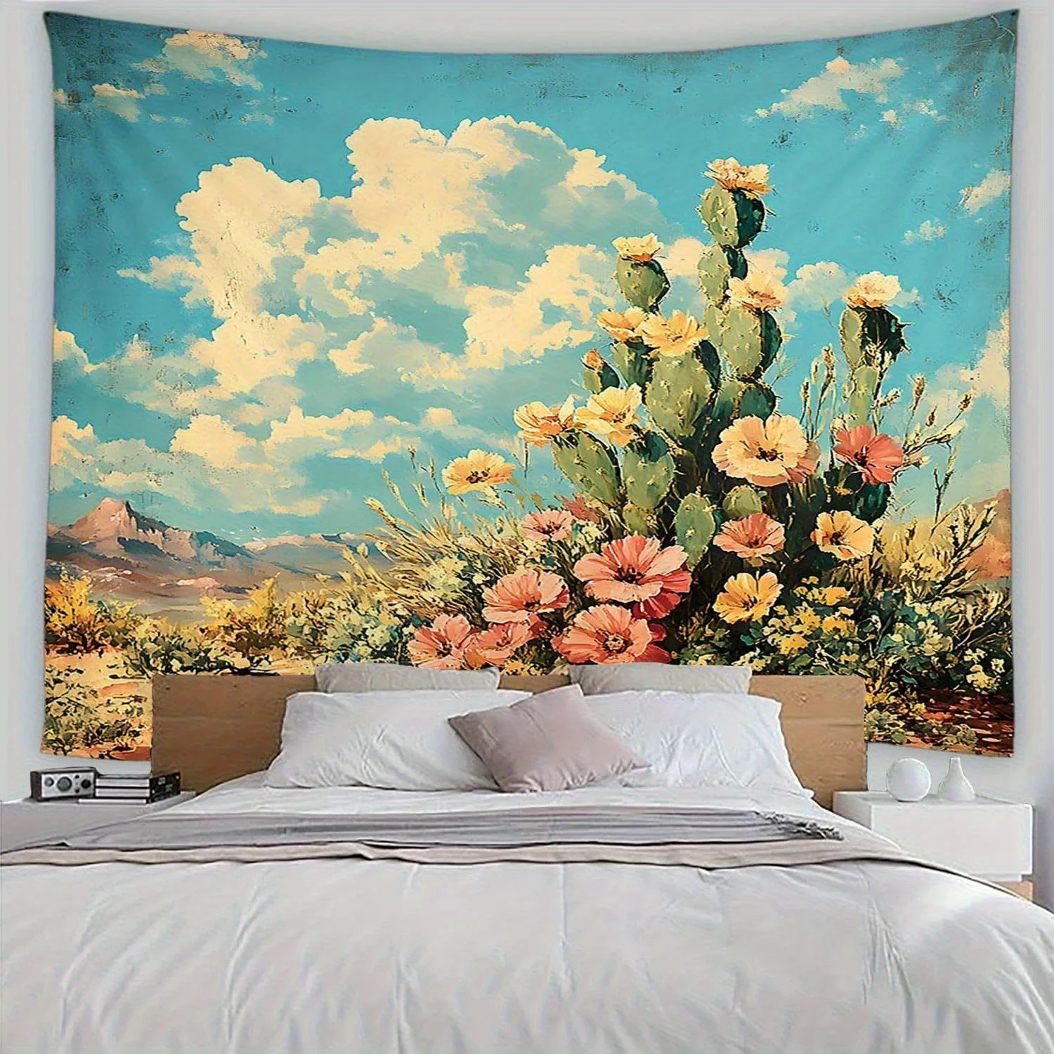 Tapiz de puesta de sol de cactus del suroeste, tapiz decorativo para dormitorio con flores rosas en la pared, bohemio