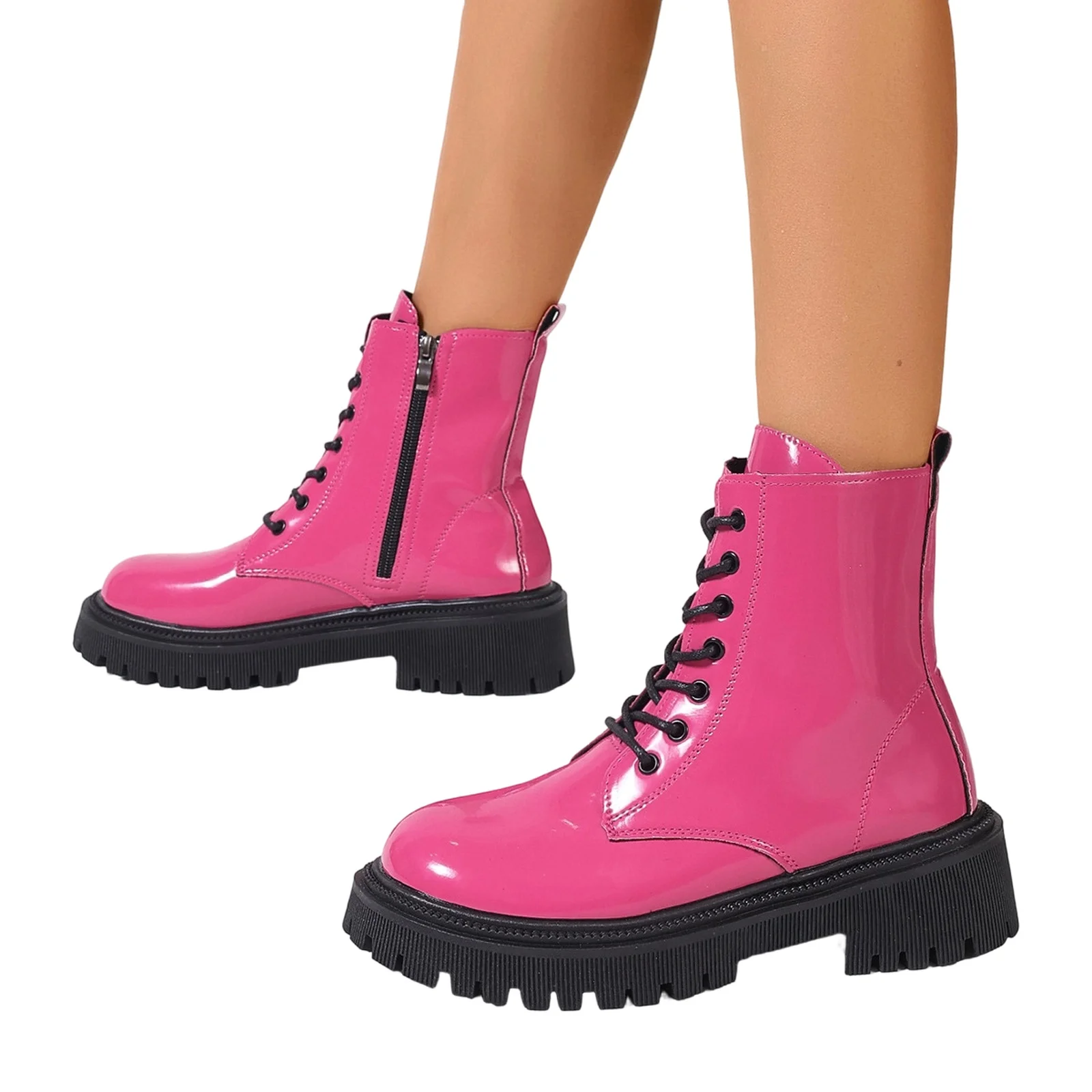 Ladies New Plus-Size Platform Boots Side Zip Lace-Up Glossy PU Ankle Boots British Style Retro Round Toe Motorcycle Single Boots