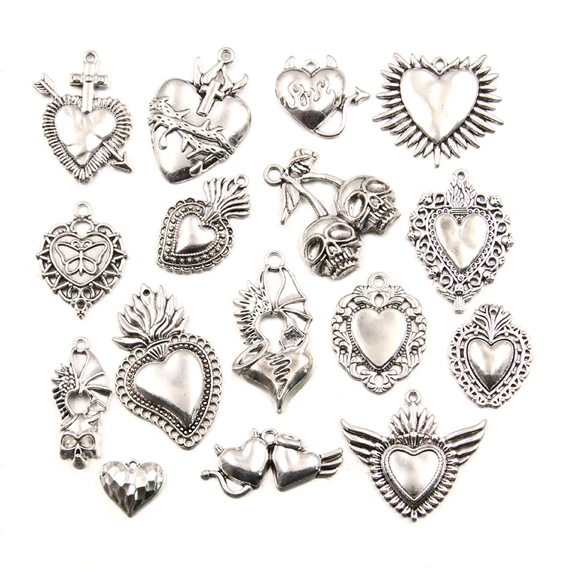 6PCS 26 Styles Mixed Alloy Antique Hollow Heart Skull Love Wing Charms For Jewelry Making DIY Handmade Animal Halloween Pendant