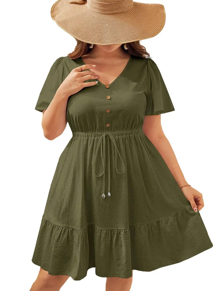 Plus Size Summer Short Sleeve V-Neck Mini Dress Women A-Line Ruffle Pleated Fashion Ladies Dresses Loose Casual Woman Dress