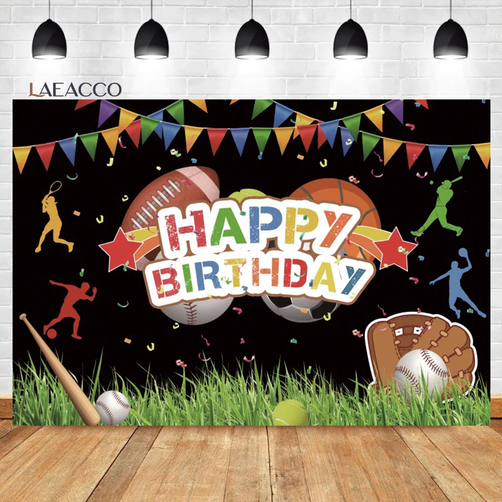 

Laeacco Sports Theme Boy Kid Birthday Backdrop Colorful Flags Green Grass Baby Shower Portrait Customized Photography Background