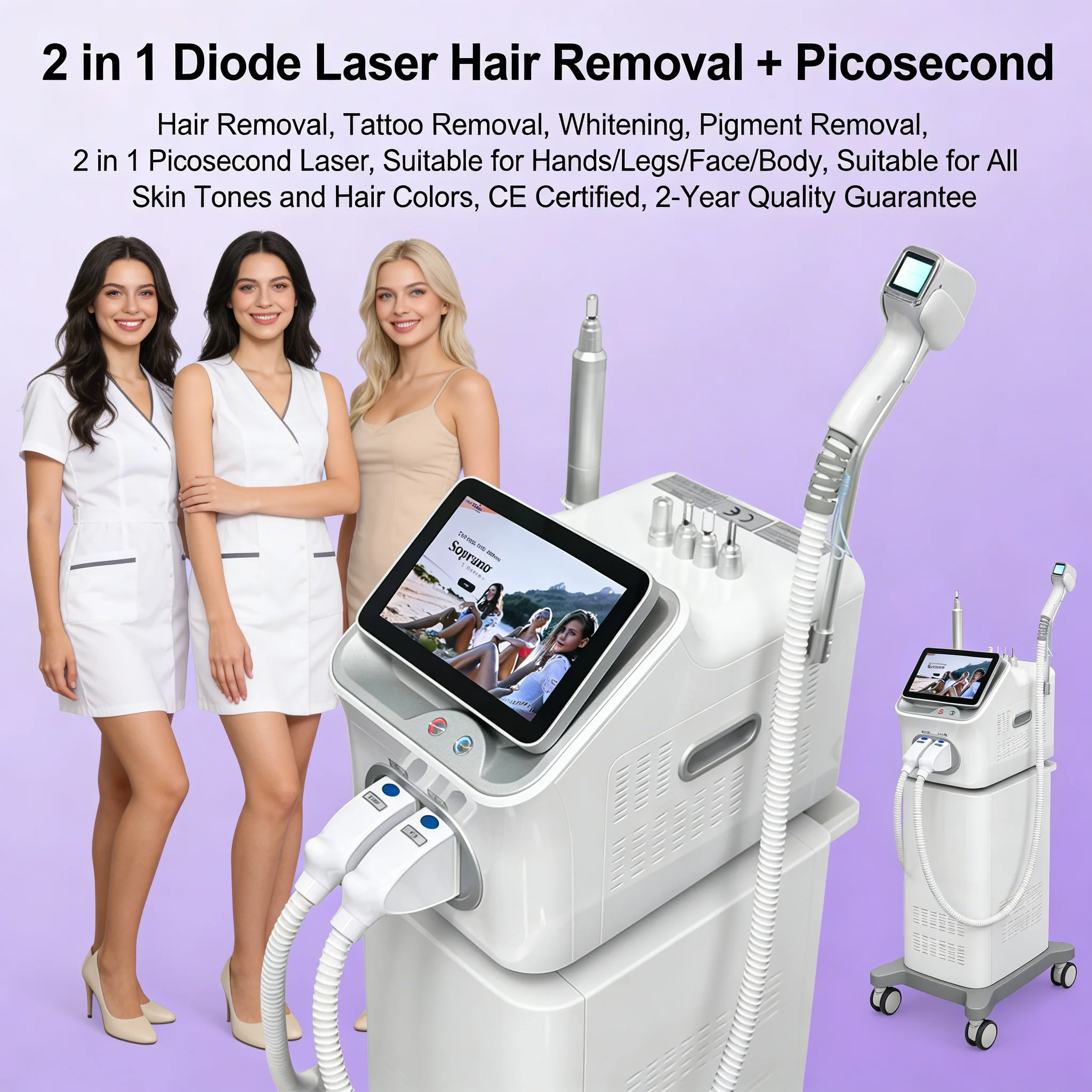 2in1 808nm Picosecond Laser Machine Diode Lase Painless Ice Hair Removal 4 Wavelength Picosecond Lase Tattoo Removal