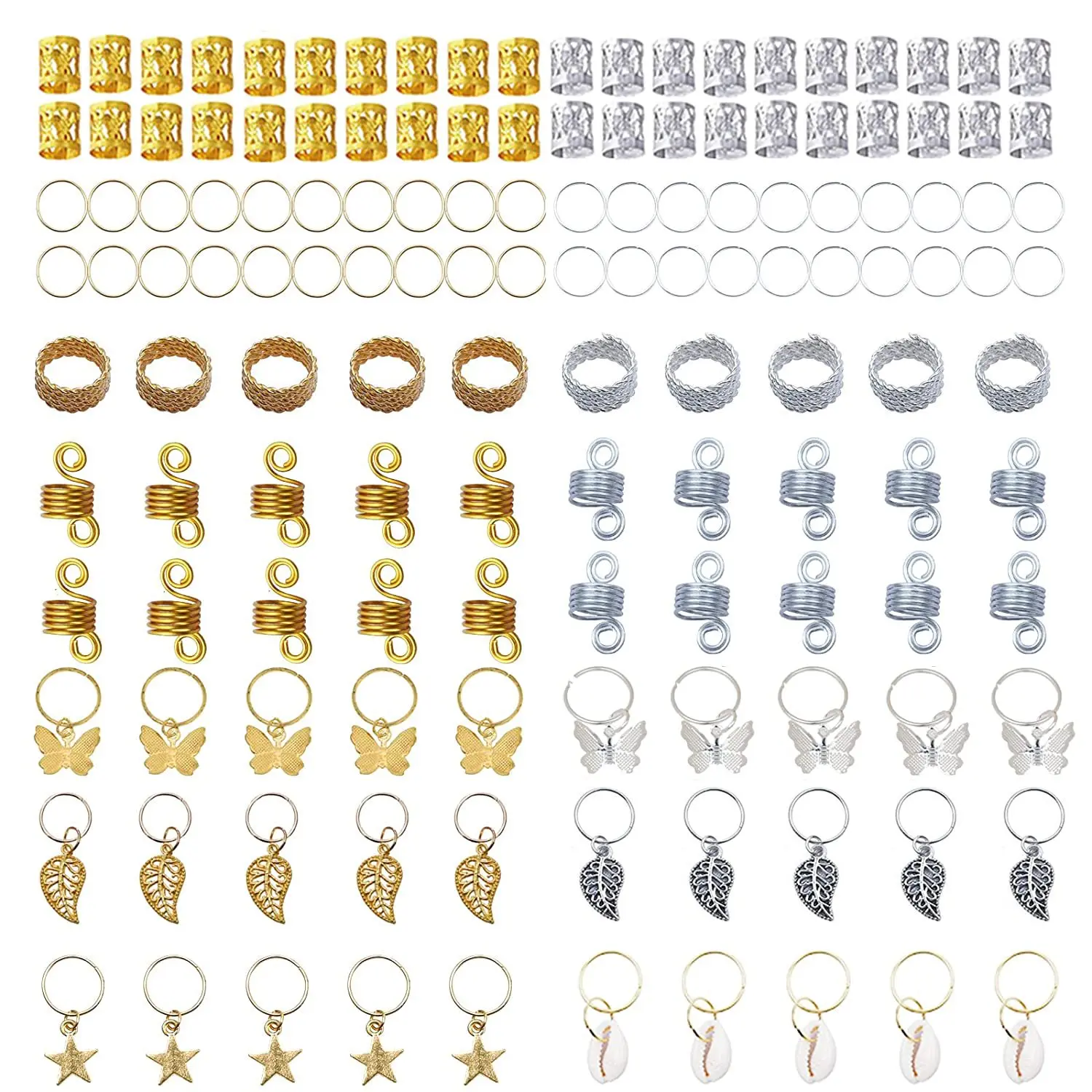 골드 실버 헤어 링 브레이드, 레게머리 비드 헤어 커프스, 튜브 잎 별 조개 참 드레드락 액세서리 익스텐션, 140 개