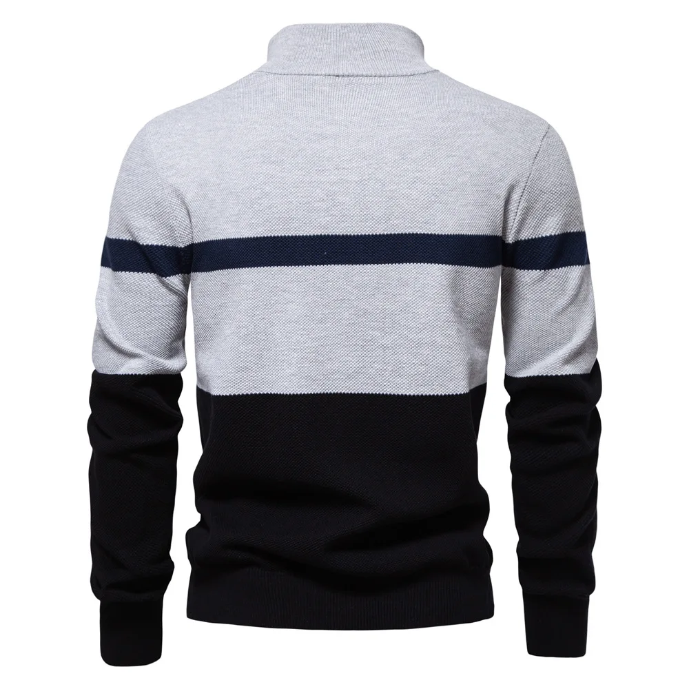 

Men Casual Regular Autumn Pullovers Striped Sweaters Stand Collar Half Zipper Thick Tops Long Sleeve Splice Slim Fit Knit Tops