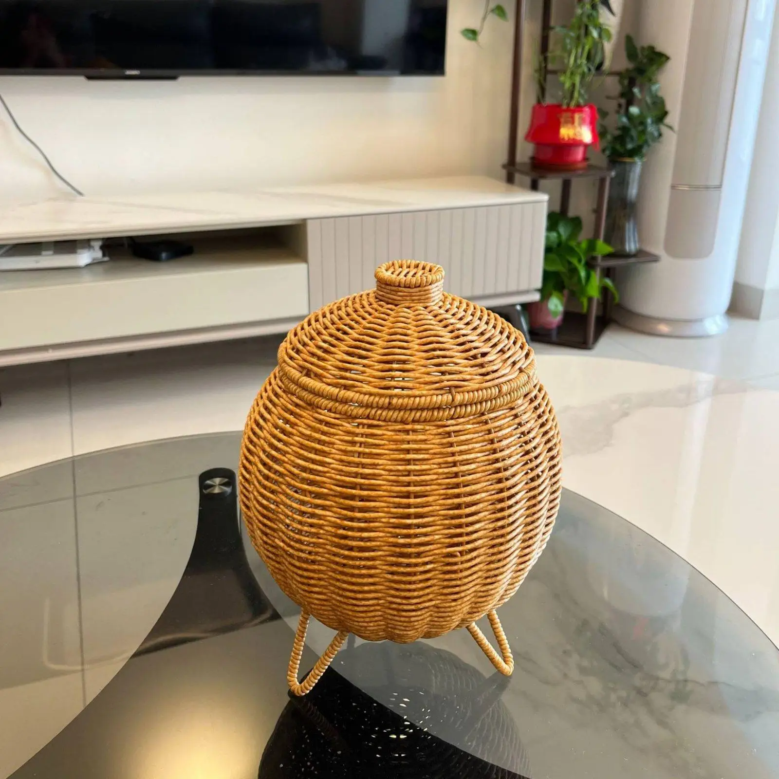 Woven Basket with Lid and Legs Handwoven Rattan Design Tripod Basket for Desktop