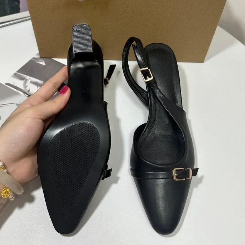 Black Women Summer Sandals 2024 New Fashion Buckle Casual Comfortable leather High Heeled Office Female Slingback Shoes image 4