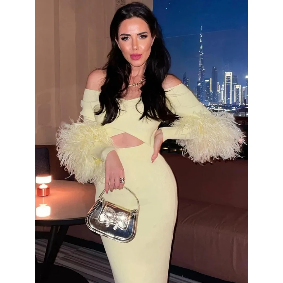 

Women Celebrity Sexy V Neck Feather Cut Out Yellow Midi Bodycon Bandage Dress 2024 Elegant Evening Club Party Dress