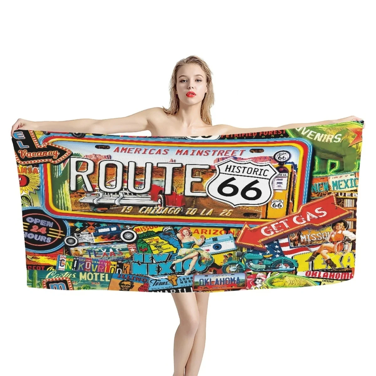 

Historic Route 66 Beach Towel America's Main Street Motorcycle Retro Road Absorbent Bath Towel for Boys Men Travel Hotel Towel