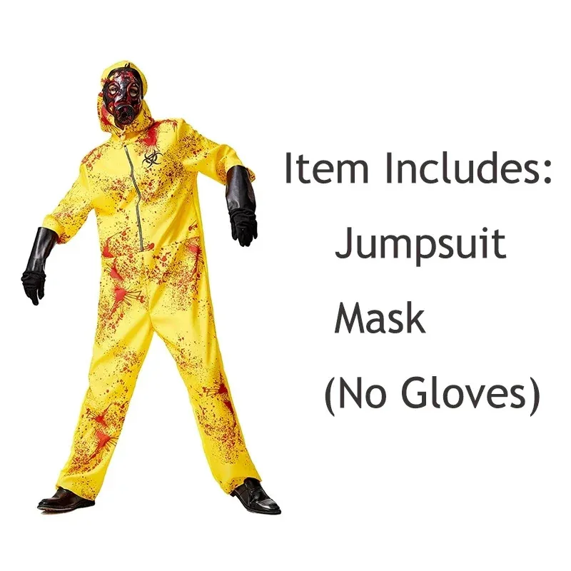 25COS2025 جديد وصول للجنسين الأصفر المشعة غيبوبة هالوين بذلة مع قناع الكبار بدلة Hazmat زي