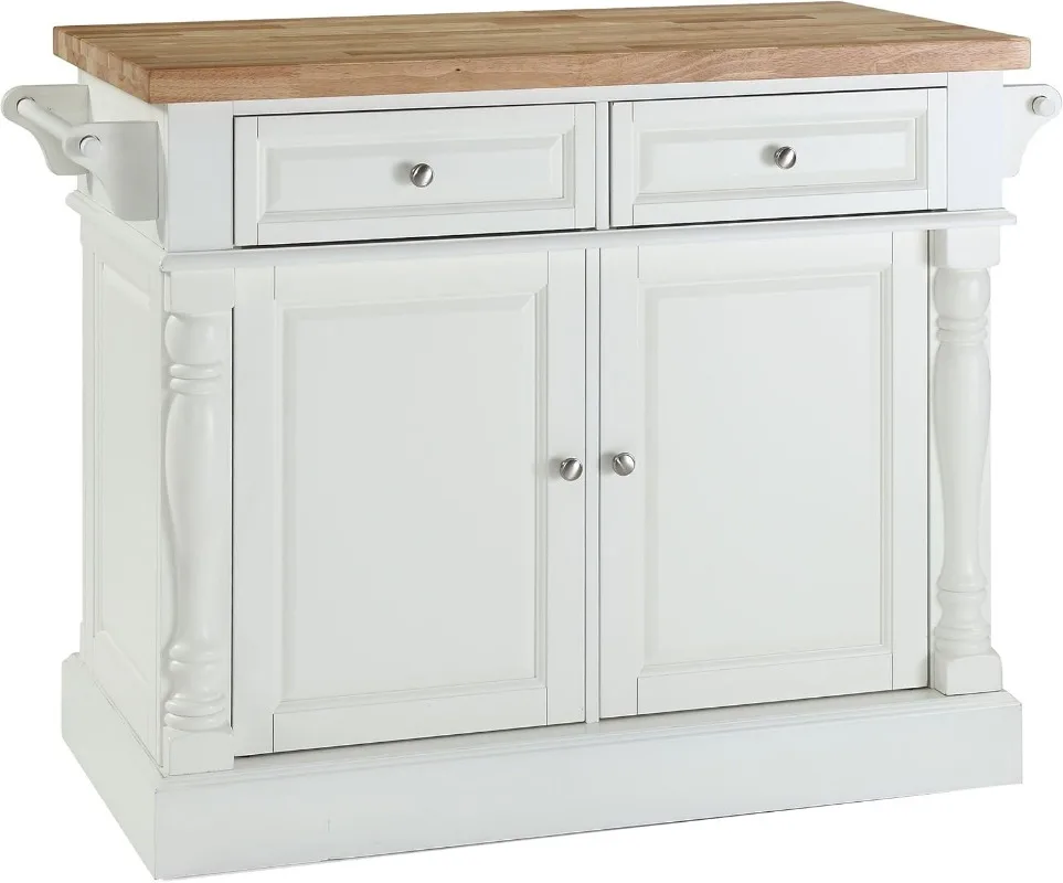 Isla de cocina Oxford Butcher Block, soporte para microondas, con estantes y cajones de almacenamiento, blanco