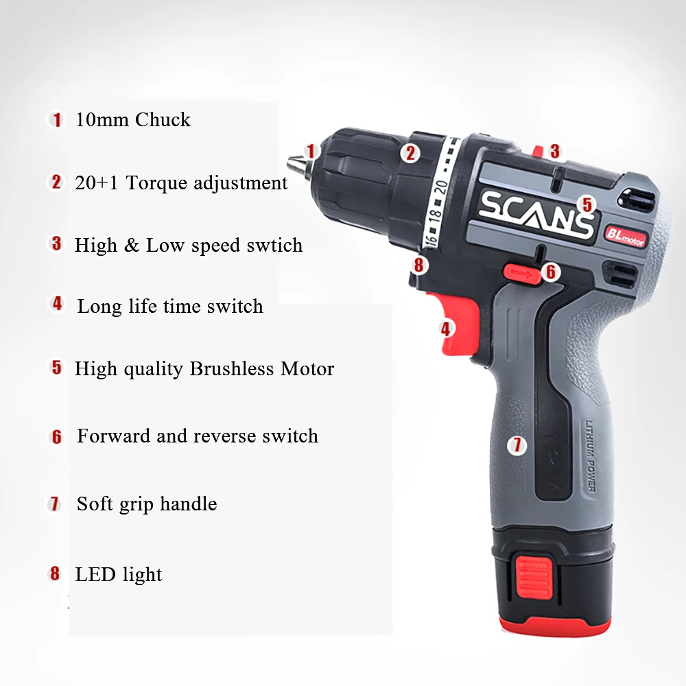 12V Brushless Drill Cordless Screwdriver 36Nm Electric Drill Li-ion Battery Mini Drill Power Tools By SCANS S120