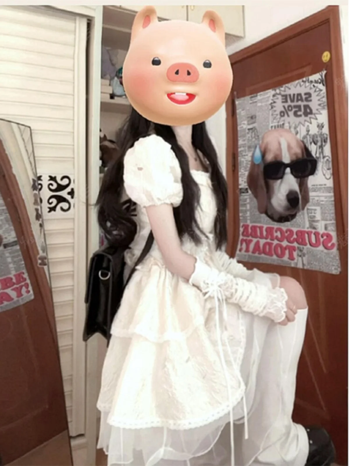 Vestido Curto com Manga Bufante Fofo, Nova Moda Primavera, Saia Rodada de Cintura Alta com Patchwork, Estilo Francês, Cor Pura, Saia Evasê