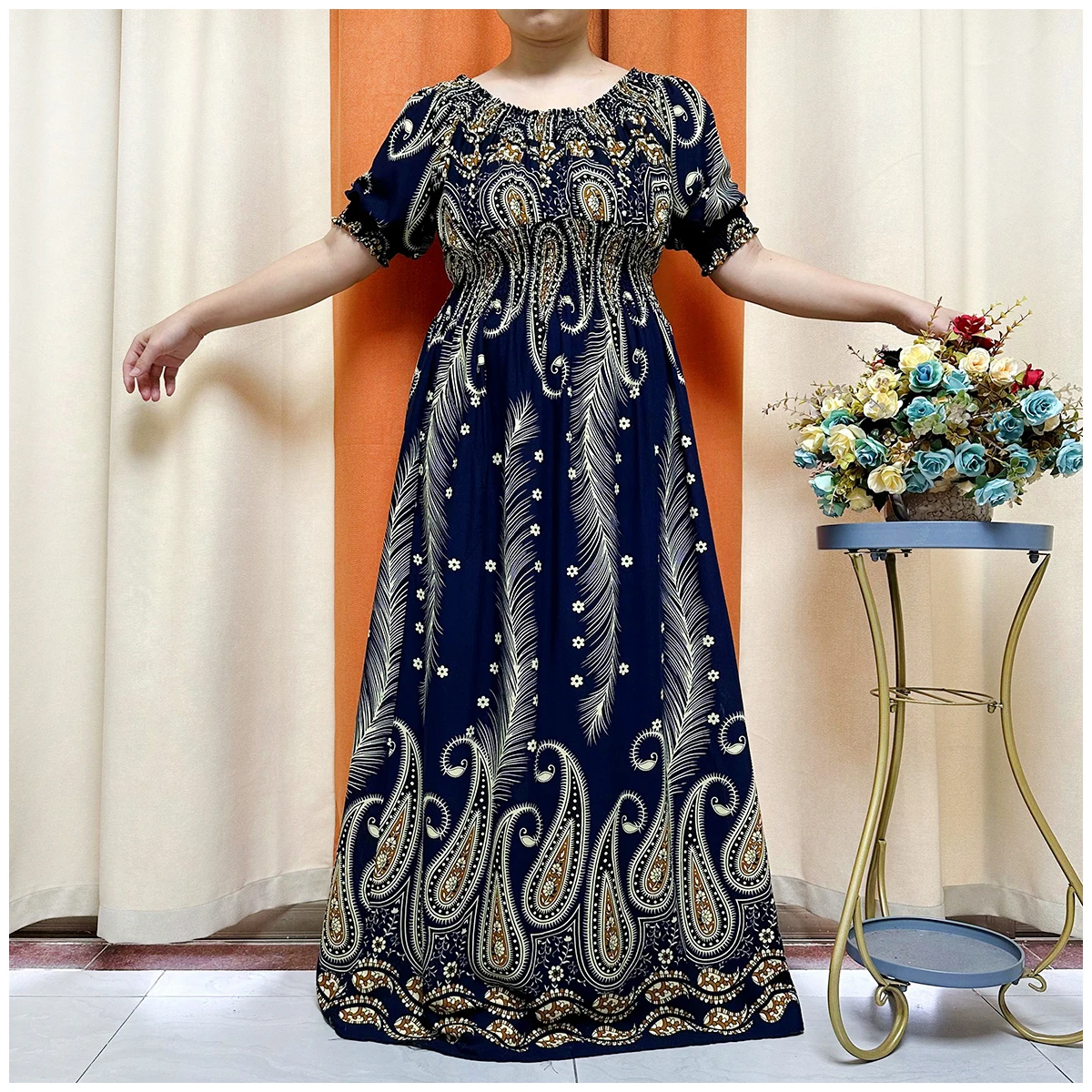 2024  New Women Summer Short Sleeve Abaya Positioning Printed Collect Waist Loose Floral Boubou Maxi Islam Women African Clothes