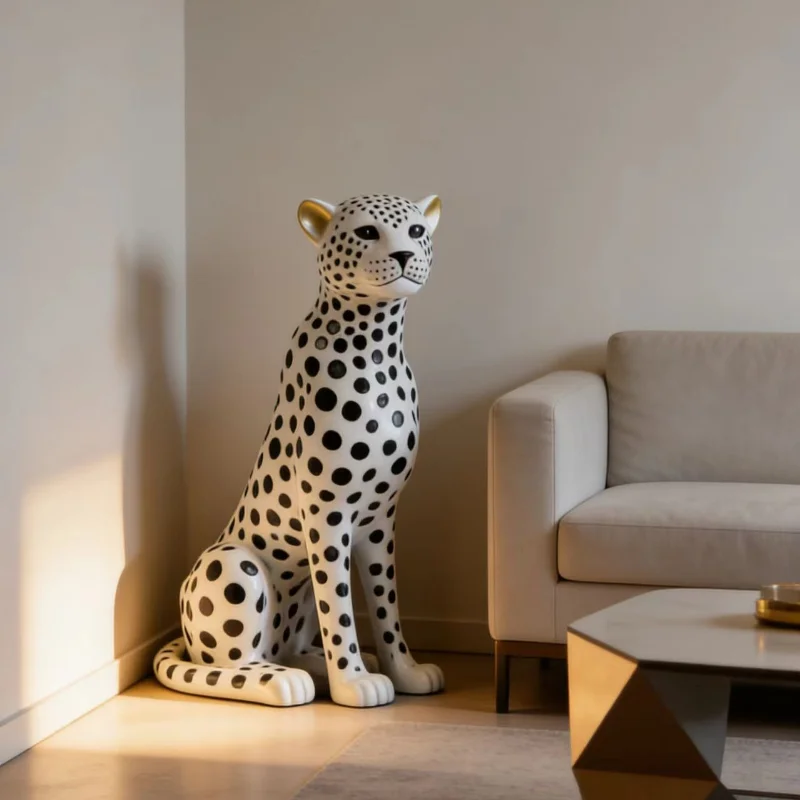 Kreative glückliche Leoparden-Standornamente, Kunstskulpturen und Kunsthandwerk neben dem Sofa im Wohnzimmer, Heimdekoration