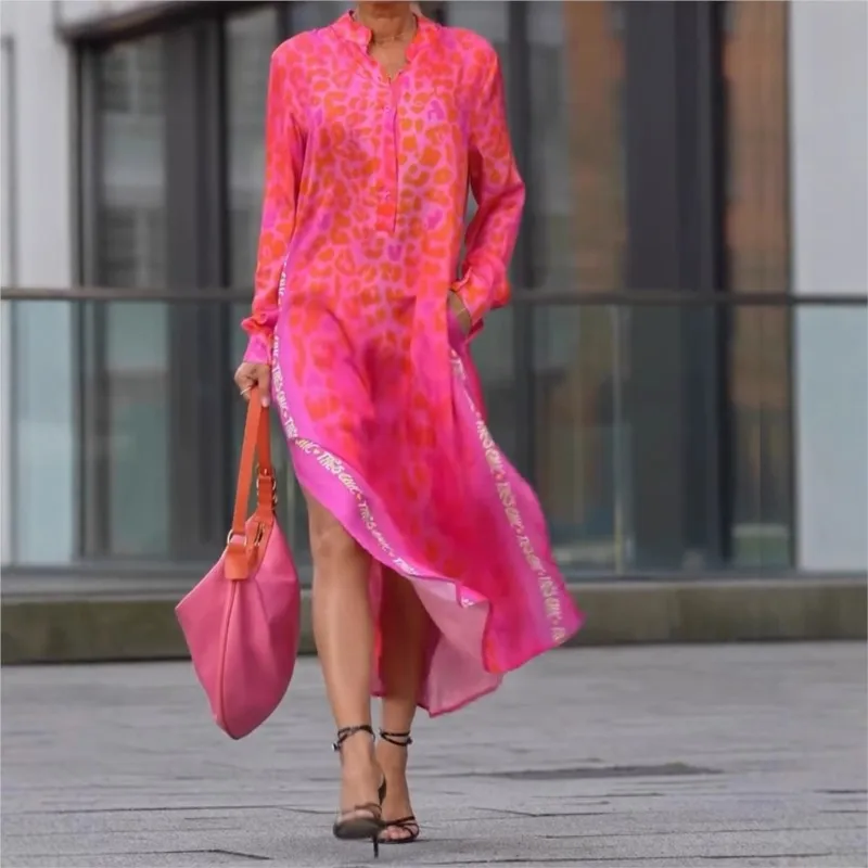 

Trendy Leopard Printed Long Sleeve Vestidos Dress Fashion V-neck Loose Commute Robes Elegant Lady Pocket Side Split Dresses