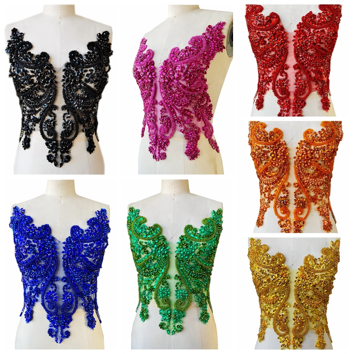 Handmade rhinestones lace applique handsewing beads sequins trimming patches for dress clothing accessories more colour