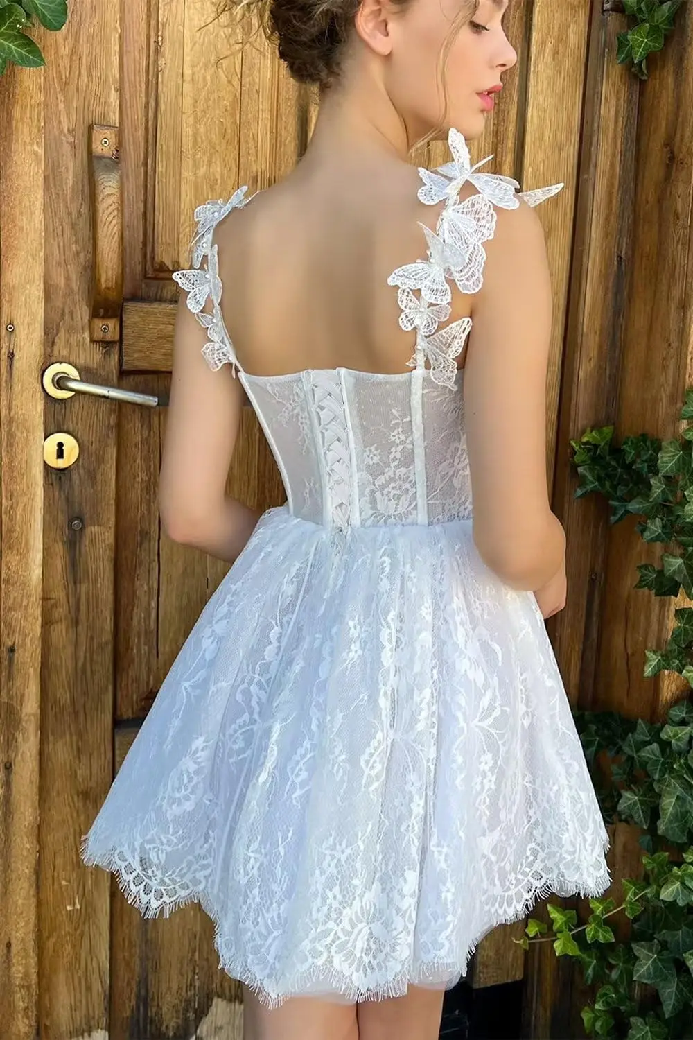 

Women's Tulle Lace Prom Dress with Flowers V Neck Short Petite Formal Evening Corset Homecoming Mini Gown for Graduation