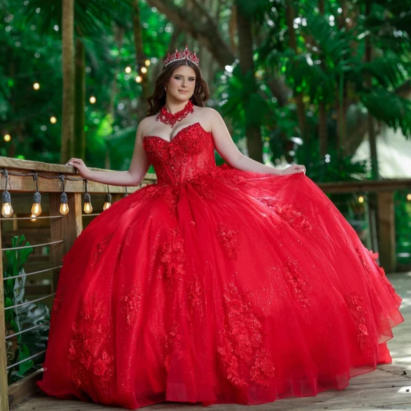 

Shiny Red Quinceanera Dresses Off the Shoulder Crystal Decal Glitter 3D Flower Long tail Bow Vestidoe 15 Quinceanera Customize