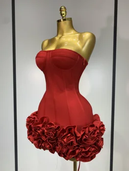 Women Sexy Strapless Backless Flower Embellished Mini Bandage Dress Bodycon Celebrity Party Cocktail Evening Party Club Dresses 2