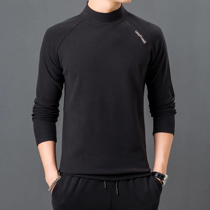 Spring Autumn Men's Pullover Turtleneck Solid Letter Embroidery Long Sleeve T-shirt Vintage Undershirt Fashion Casual Tops