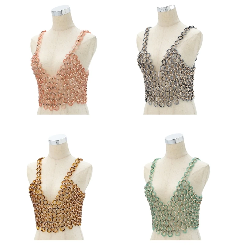 Womens Sexy V-Neck Body Chain Harness Camisole Vintage Handmade Hollow Out Woven Body Jewelry Top Vest Cover Up 066C