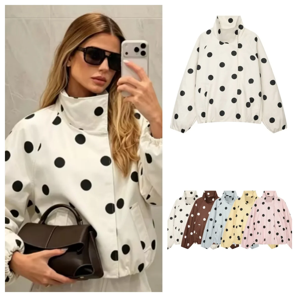 Women's Jacket 2026 Fall/Winter New European Polka Dot High Collar Hidden Button Polyester Elegant and Stylish Versatile Coat