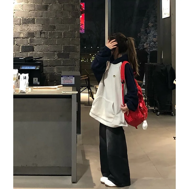 레트로 아메리칸 컬러 블로 후디 여성용 봄 가을 오버사이즈 커플 트렌디 숄더 스웨트 인서트 디자인