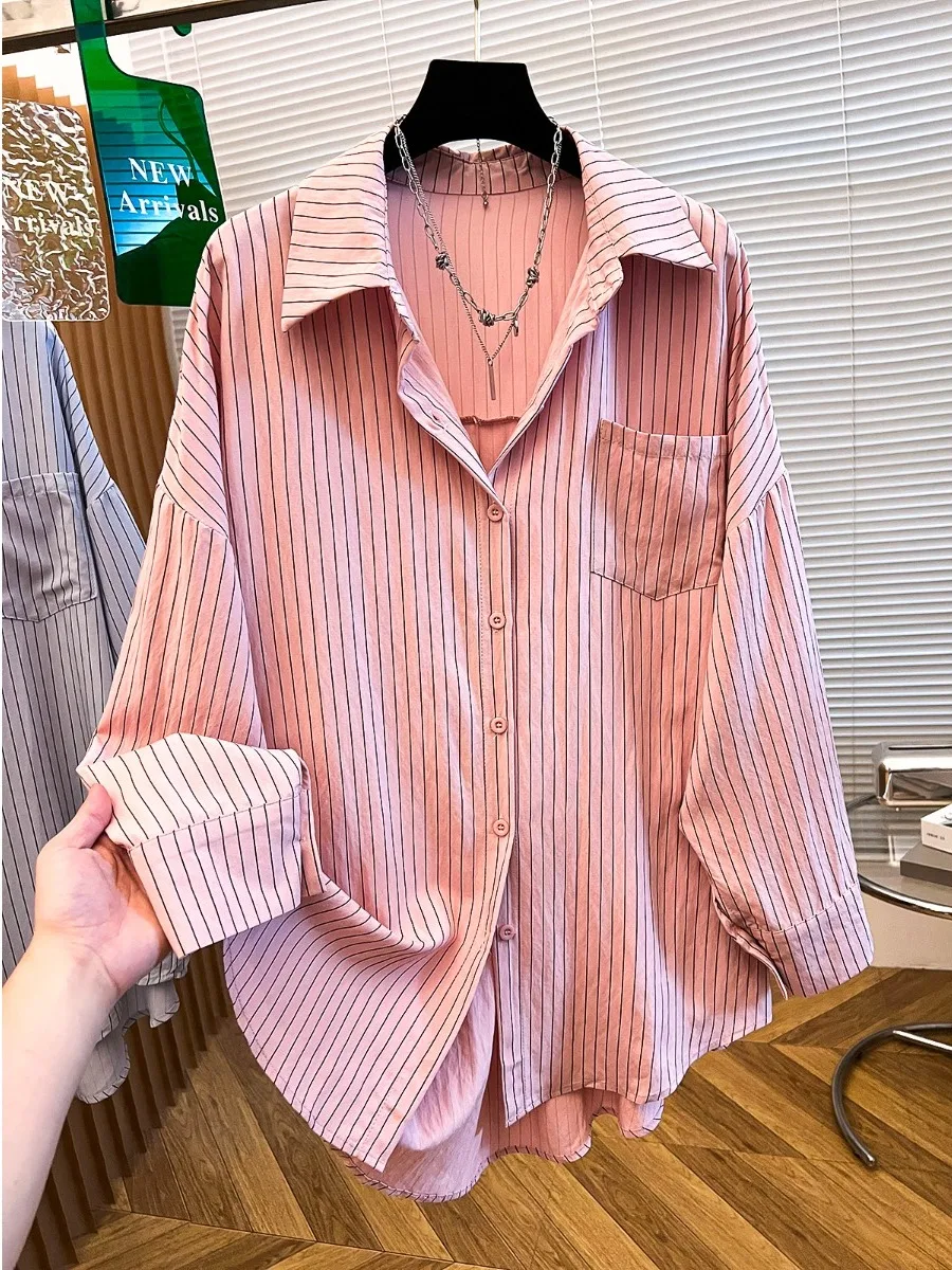 

Женская свободная полосатая рубашка в винтажном корейском стиле, большие размеры, без этикетки, антивозрастной дизайн, модный топ для повседневной носки